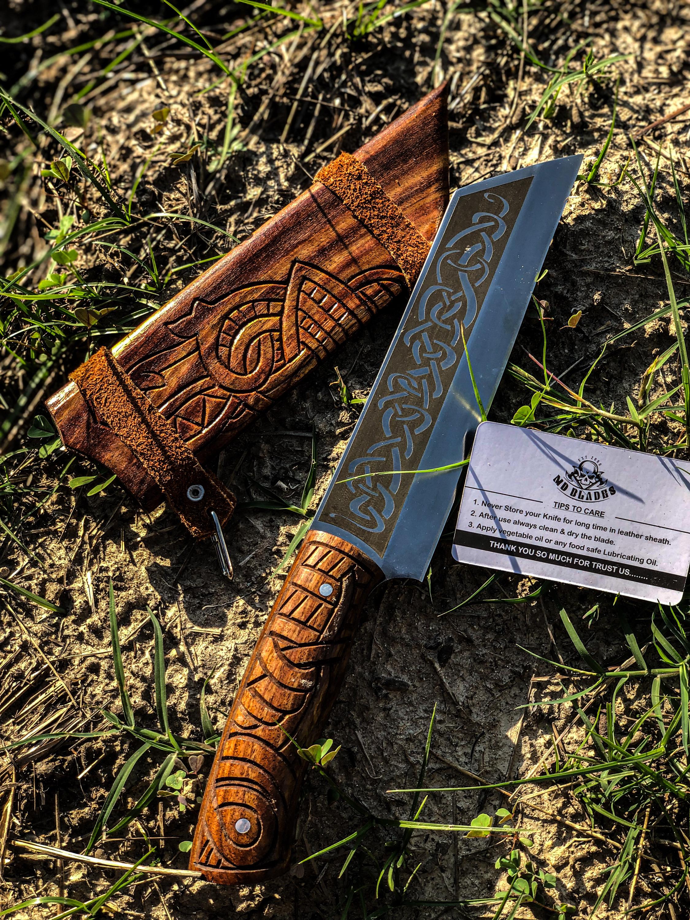 Handcrafted Viking Seax Knife | D2 Steel Decorative Blade | Carved