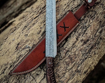 Handmade Viking Seax Knife | D2 Steel Blade with Etching | Carved Wood Handle | Collectible Norse Gift for Him, Christmas Gift
