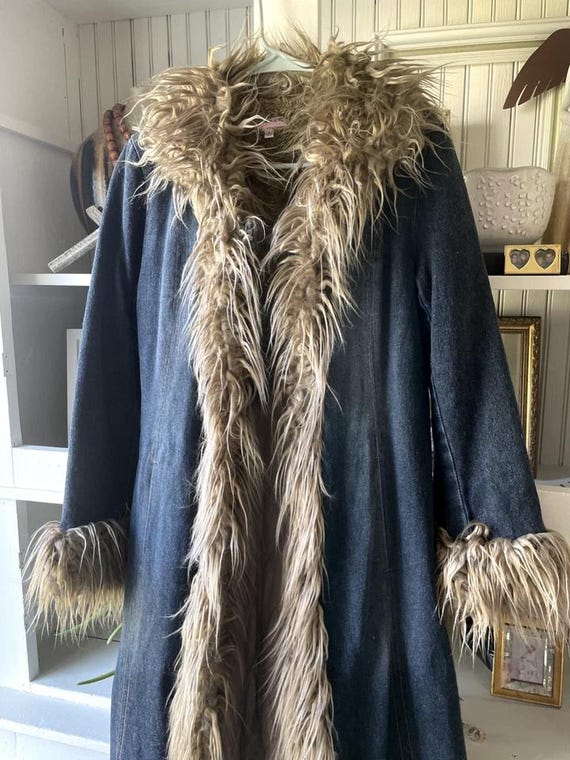Penny Lane Denim Trench Coat | 70s Boho Shearling Duster | Blue Denim Coat | Womens Long Coat | Long Trench Coat for Female | Christmas Gift