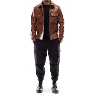 Men’s Brown Leather Jacket | Italian Handmade Trucker Jacket | Vintage Brown Leather Jacket | Biker Leather Jacket | Men&#39;s Distressed Jacket