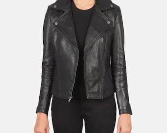 May include: A black leather jacket with an asymmetrical zipper closure, notched lapels, and snap details on the collar. The jacket has long sleeves and a fitted silhouette, suitable for outerwear.