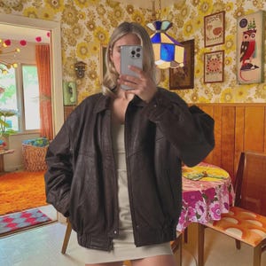 Vintage Oversized Brown Leather Jacket | 90s Style Bomber Jacket for Women | Retro Grunge Outerwear | Gift for Her
