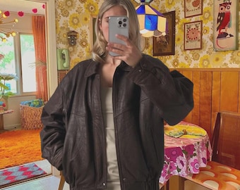 Vintage oversized bruin leren jack | Bomberjack in jaren 90-stijl voor dames | Retro grunge-bovenkleding | Cadeau voor haar