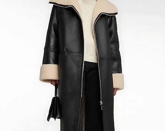 Black Sheepskin Shearling Trench Coat: Women's B3 Bomber Aviator Jacket
