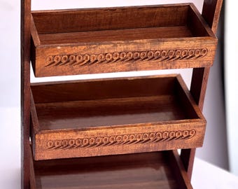 Wooden Kitchen Organizer 3-Tier Rustic Utensil Stand & Farmhouse Counter Shelf for Cooking Accessories