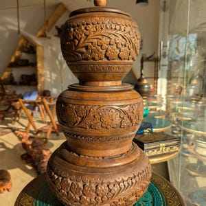 Hand-Carved Sheesham Wood Floral Jar – Rustic Home Decor Gift