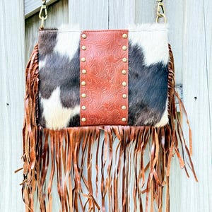 Genuine Hair on Cowhide Leather Studed Fringe Crossbody Western Purse