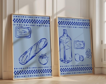 Mediterranean Kitchen Poster Set of 2 | Blue Line Food Illustration | Digital Download