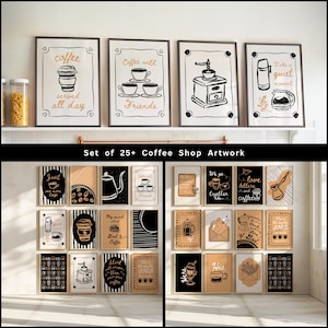 Könnte beinhalten: Eine Sammlung gerahmter Kunstwerke zum Thema Kaffee. Die obere Reihe zeigt vier gerahmte Drucke mit Kaffee-Illustrationen und Text. Die untere Reihe zeigt eine Vielzahl kleinerer gerahmter Drucke mit Kaffee-Designs und -Phrasen. Der Text "Set of 25+ Coffee Shop Artwork" ist sichtbar.
