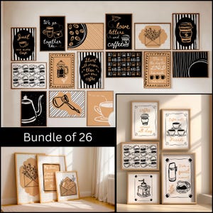 May include: A set of 26 framed art prints with coffee-related illustrations and quotes. The prints feature coffee cups, beans, and text in black, white, and tan. Text includes "love letters and coffee" and "coffee served all day".
