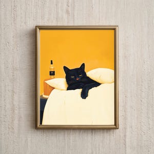 眠っている黒猫、酔っ払ったかわいい猫の肖像画、カクテルバーの装飾、気まぐれな猫の壁アートデジタルダウンロード、油絵の印刷可能なアート