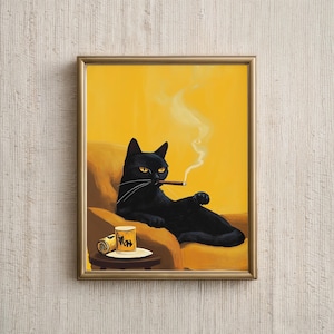 黒猫の喫煙アート、かわいい猫の肖像画、カクテルバーの装飾、気まぐれな猫の壁アートデジタルダウンロード、油絵の壁アート、印刷可能なアート