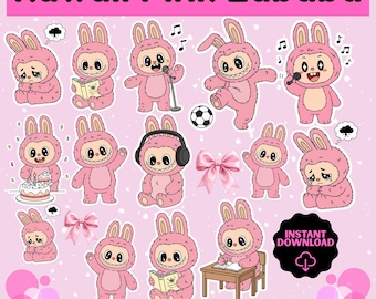 Conjunto de imágenes prediseñadas de San Valentín de Labubu, paquete de pegatinas de dibujos animados kawaii, paquete de pegatinas de Labubu, pegatinas de Labubu, descarga digital instantánea