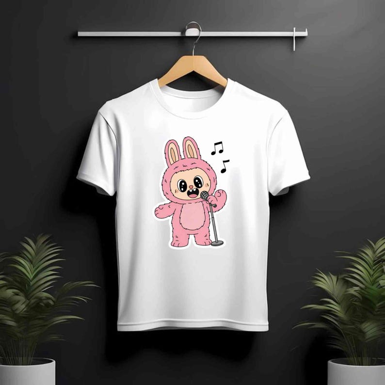 May include: White t-shirt featuring a cartoon character in a pink bunny costume singing into a microphone. The bunny has large eyes and is holding a silver microphone. Musical notes are above the bunny. The shirt is hanging on a wooden hanger.