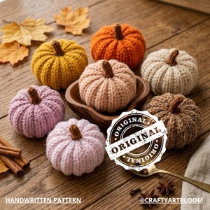 Op de afbeelding: Een verzameling handgebreide pompoenen in verschillende kleuren, waaronder oranje, geel, roze en beige, met bruine stelen. De pompoenen zijn gerangschikt op een houten oppervlak met herfstbladeren en kaneelstokjes. De tekst "HANDWRITTEN PATTERN" is zichtbaar.