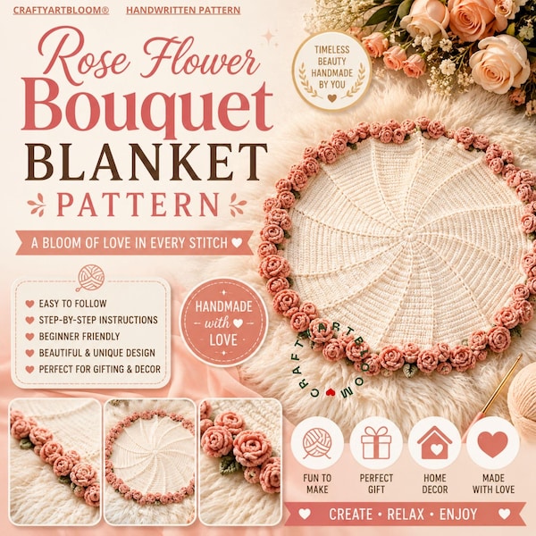 Crochet Rose Flower Bouquet Blanket Pattern PDF: Rose Blanket, Flower Blanket DIY, Round Rose Blanket, Floral Bouquet Blanket, Home Decor