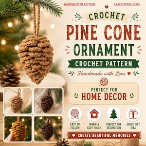 May include: A crochet pine cone ornament with a hanging loop, displayed in tan and dark brown yarn. The image includes text: HANDWRITTEN PATTERN, CRAFTYARTBLOOM, CROCHET PINE CONE ORNAMENT, CROCHET PATTERN, Handmade with Love, PERFECT FOR HOME DECOR.