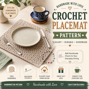 Puede incluir: Un mantel individual de ganchillo beige con un patrón de punto texturizado, mostrado con un plato de cerámica, un tenedor y un cuchillo. La imagen incluye el texto: HANDMADE WITH LOVE CROCHET PLACEMAT PATTERN, ELEGANT, DURABLE, HANDMADE y CRAFTYARTBLOOM.