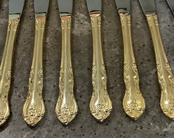 Vintage Mid Century Gold Plated Spoon and Chopsticks Collection New in the Box Enameled Flower Design Flatware Fancy Tableware Ornate Golden