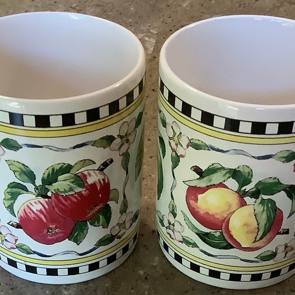 Vintage Fruit Botanical Coffee Mug 2 Piece Santa Barbara Design Ceramic Set Apple Peach