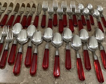 Vintage Red Acrylic Lucite Handle Stainless Flatware 40 Piece Set