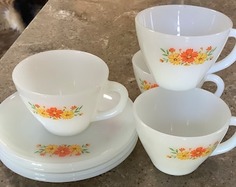 Vintage Fire King Cosmos Flower Glass Coffee Cup Saucer 8 Piece Set Orange Yellow