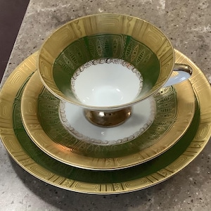 Vintage Winterling Bavaria 24 Kt Gold Geometric Floral Tea Cup Saucer Luncheon Plate 3 Piece Set