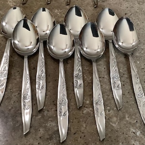 May include: A collection of polished silver spoons. Each spoon features a rounded bowl and a handle adorned with a floral and leaf design. The spoons are arranged on a neutral-toned surface, reflecting the surrounding light.