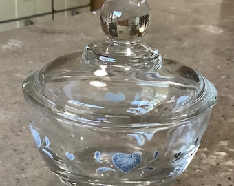 Vintage Corelle Blue Heart Glass 2 Piece Sugar Bowl Set