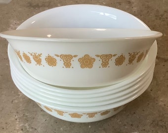 Vintage Butterfly Gold Corelle 6 Piece Cereal Soup Glass Bowl Set Corning