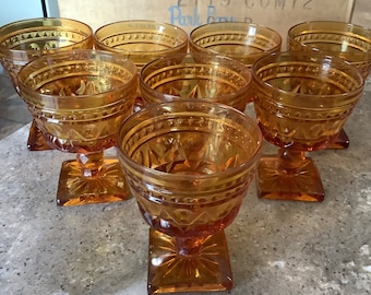 Vintage Indiana Glass Park Lane Colony Amber Champagne Sherbet 8 Piece Set Box