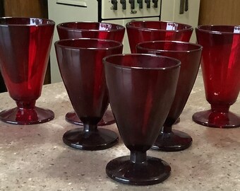 Vintage Anchor Hocking Royal Ruby 6 Piece Footed Wine Glass Tumbler Set