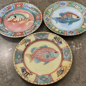 Vintage Splash by Siddhia Hutchinson Fish Salad Plate 3 Piece Pottery Set Essex Collection