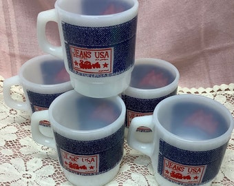 Vintage Fire King Coffee Denim Jeans Glass 5 Piece Mug Set Red Bandana Jean Stacking