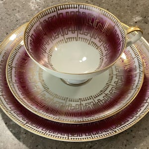 Vintage Alka Kunst Bavaria 24 Kt Gold Geometric Footed Cup Saucer Lunch Plate 3 Piece Set 1696