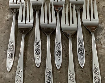 Vintage Oneida My Rose Stainless Salad Fork 8 Piece Flatware Set Betty Crocker