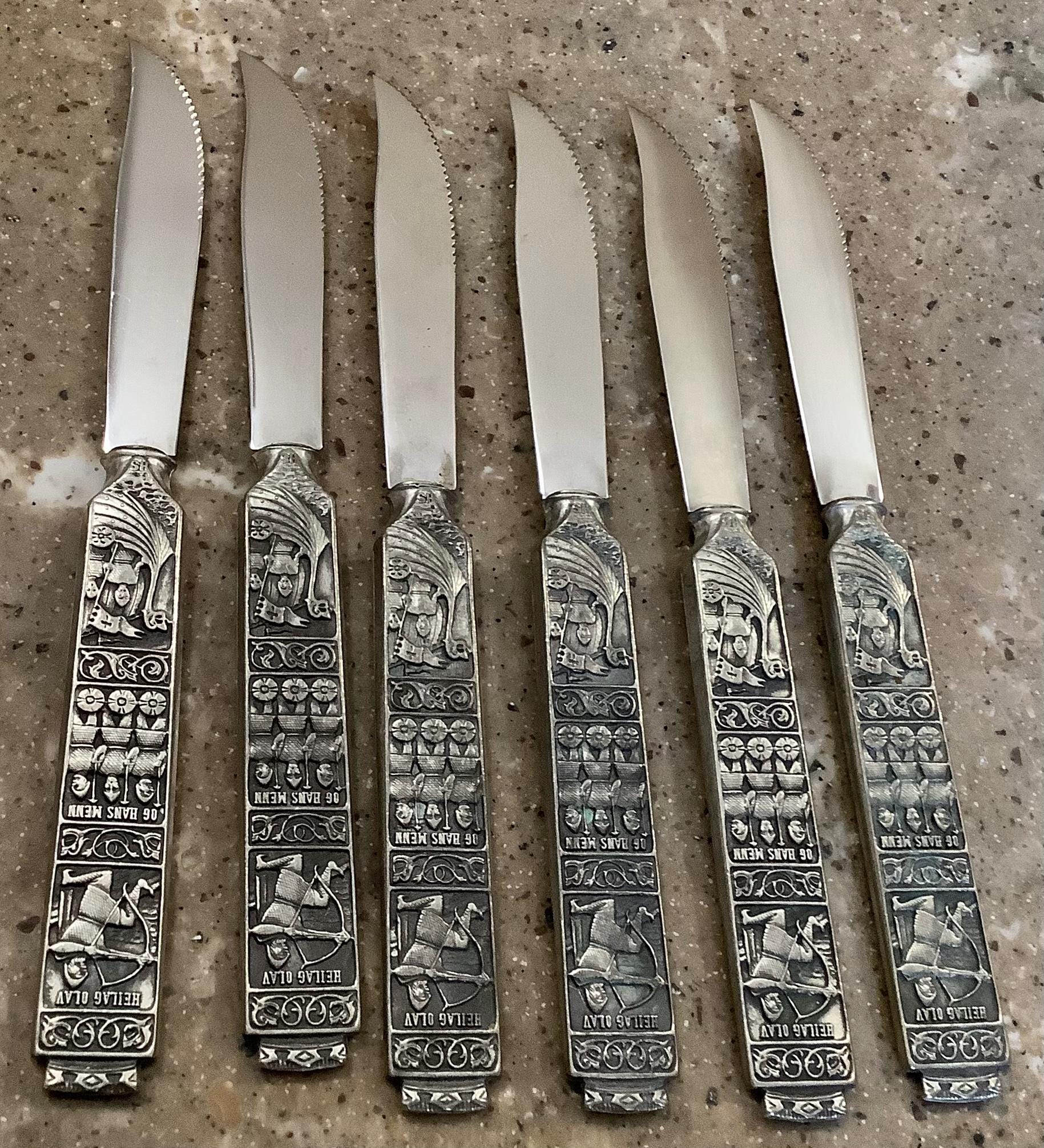 kongetinn ノルウェー製 Vintage Konge Tinn Pewter 6 Piece Fruit Knife Viking Flatware Set