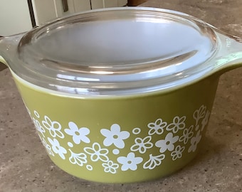 Vintage Pyrex Green Crazy Daisy Glass 2 Piece Casserole Dish 1 Quart Spring Blossom 473