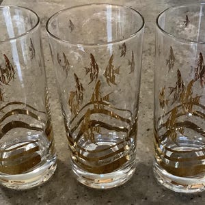 Vintage Fred Press Atomic Fish 3 Piece Glass Highball Tumbler Gold Set