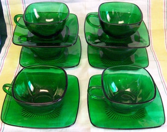 Vintage Fire King Forest Green Charm Glass Coffee Cup Saucer 12 Piece Set