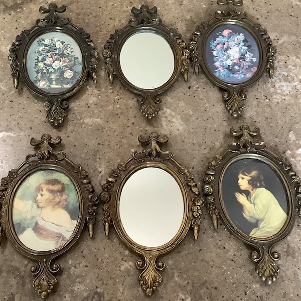 Vintage Italy Victorian Style Child Floral Picture Mirror Set of 6 Ornate Cast Metal Brass Frames