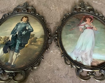 Vintage Italy Victorian Style Blue Boy Pinkie Girl Bubble Glass Picture 2 Piece Set Large Ornate Cast Metal Brass Frames