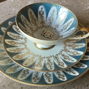 Vintage Alka Bavaria 24 Kt Gold Floral Tea Cup Saucer Luncheon Plate 3 Piece Set Alboth Kaiser Label