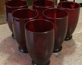 Vintage Anchor Hocking Baltic Royal Ruby Red Footed Glass Juice Tumbler 6 Piece Set