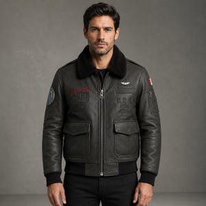 Könnte beinhalten: Eine dunkelgraue Leder-Bomberjacke mit schwarzem Kunstfellkragen, durchgehendem Frontreißverschluss und gerippten Bündchen. Die Jacke ist mit gestickten Schriftzügen wie Brandy, C.R.A. R24 sowie verschiedenen Aufnähern auf Brust und Ärmeln versehen.