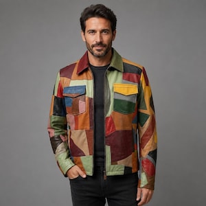 Men’s Patchwork Leather Jacket, Multicolor Sheep Leather Zip Coat with Chest Pockets, 90s Streetwear Style