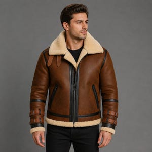 Könnte beinhalten: Eine braune Lederjacke mit einem dicken, cremefarbenen Lammfellkragen und Innenfutter. Die Jacke verfügt über schwarze Lederbesätze entlang des Reißverschlusses und der Nähte, zwei Seitentaschen sowie verstellbare braune Lederschnallen an den Ärmelbündchen.