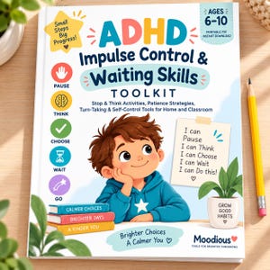 Peut inclure: Un livre intitulé ADHD Impulse Control & Waiting Skills Toolkit pour les 6-10 ans. La couverture montre un enfant en sweat bleu, une liste de stratégies de patience, des icônes colorées pour pause, réflexion, choix, attente et action.
