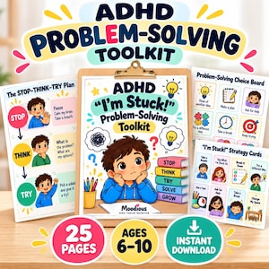 以下が含まれることがあります： 6歳から10歳向けのADHD問題解決ツールキット。中央のクリップボードには漫画のキャラクターが描かれ、Stop-Think-Tryプランシート、選択ボード、戦略カードが含まれています。カラフルなページにはテキスト、イラスト、アイコンが記載されています。