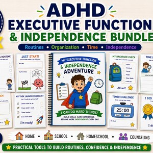 May include: A 50-page ADHD executive function and independence bundle printable PDF for ages 6-12. The set includes a spiral-bound workbook titled My Executive Function & Independence Adventure, plus various checklists, routine trackers, and task sheets.